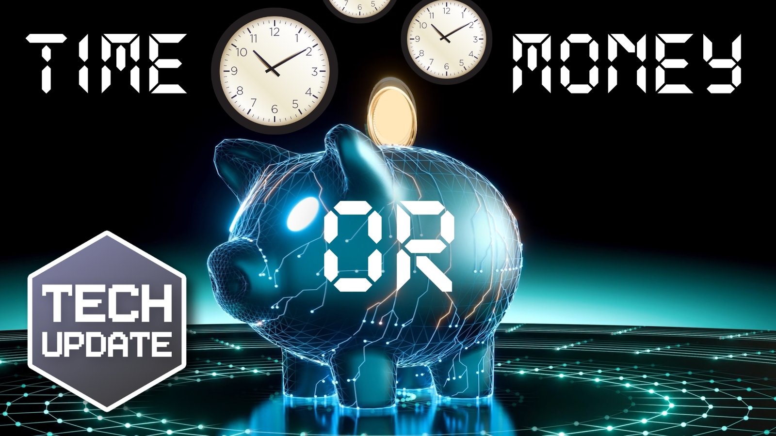 Glowing wireframe piggy bank between TIME and MONEY clocks